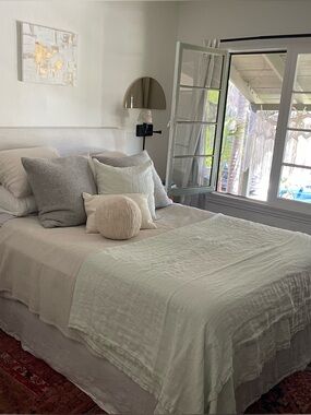 Vintage Linen Bed Blanket by Parachute in Pistachio Mint & 18x18” pillow cover